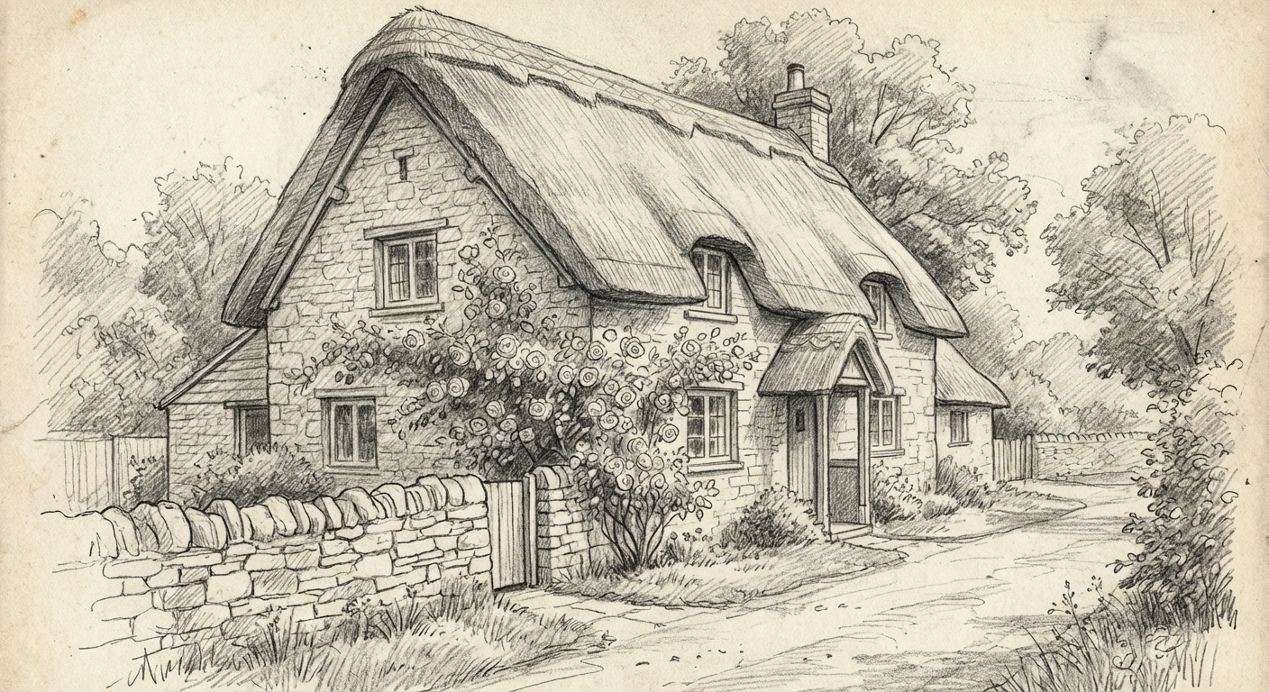 Pencil-sketched English cottage card artwork — custom greeting card image generated by Cardomatix
