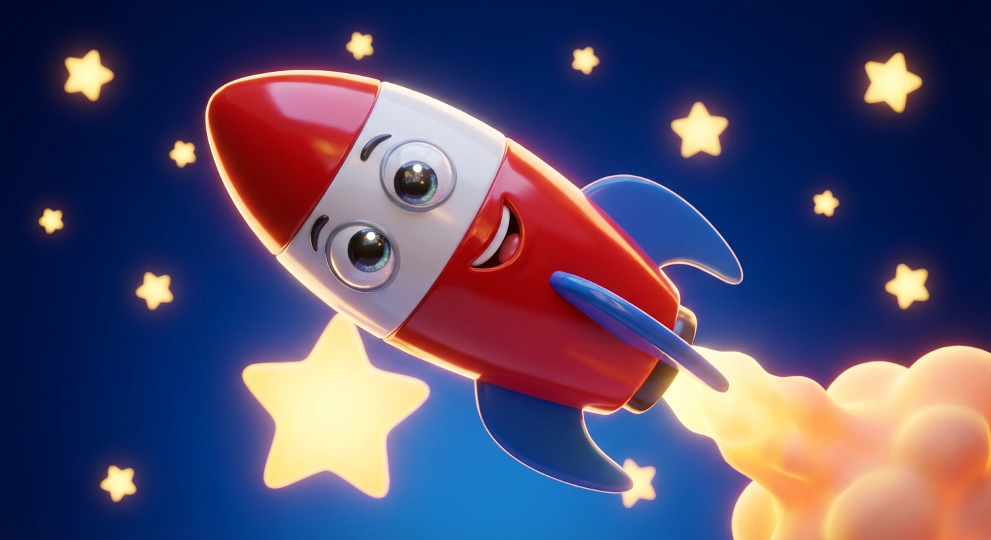 Child's crayon rocket re-rendered as a 3D Pixar-style scene — custom birthday card image generated by Cardomatix
