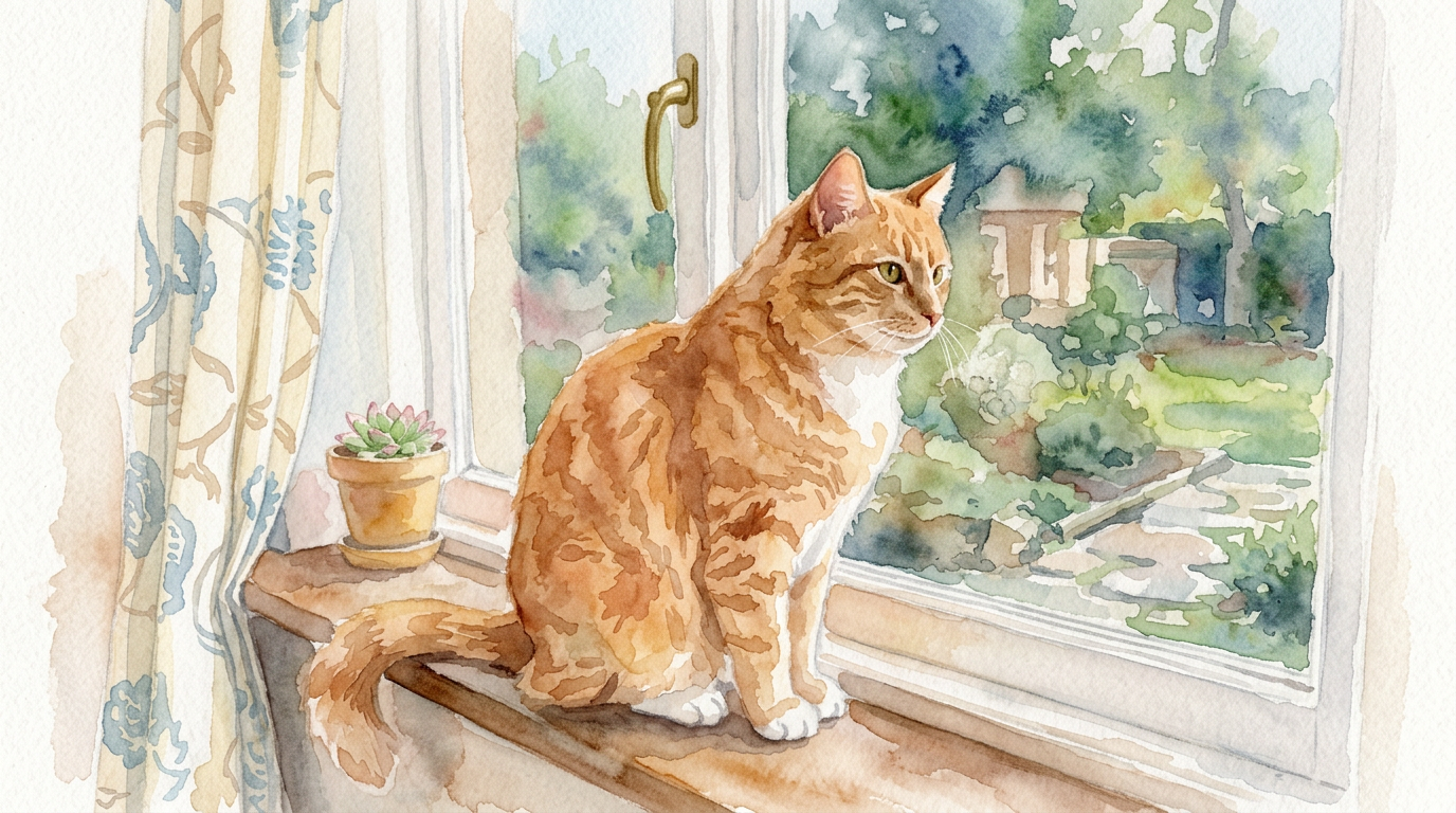 Watercolour pet portrait of a ginger cat — custom birthday card image generated by Cardomatix from a photo